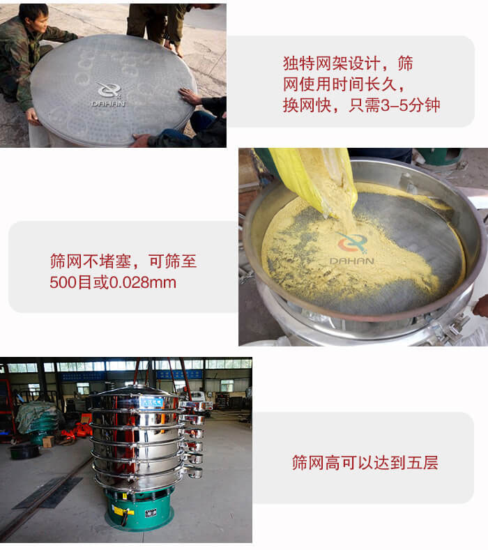 三次元振動篩的特點：篩網使用時間長換讓時間短，篩網不堵塞，可篩至500目或0.028mm。
