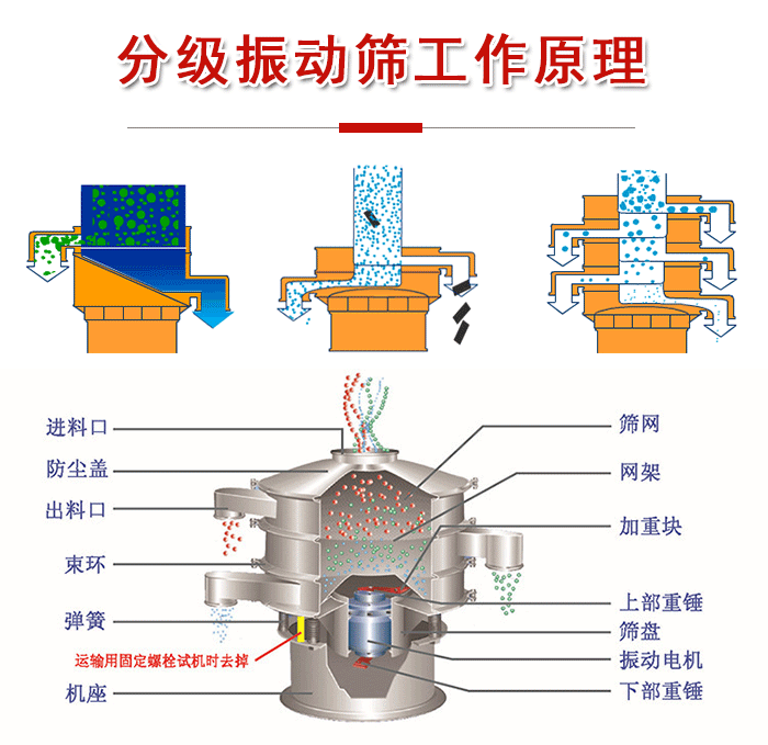 分級振動篩內部結構：進料口，防塵蓋，出料口，束環，彈簧，機座，篩網，網架，上部重錘，振動電機，下部重錘。